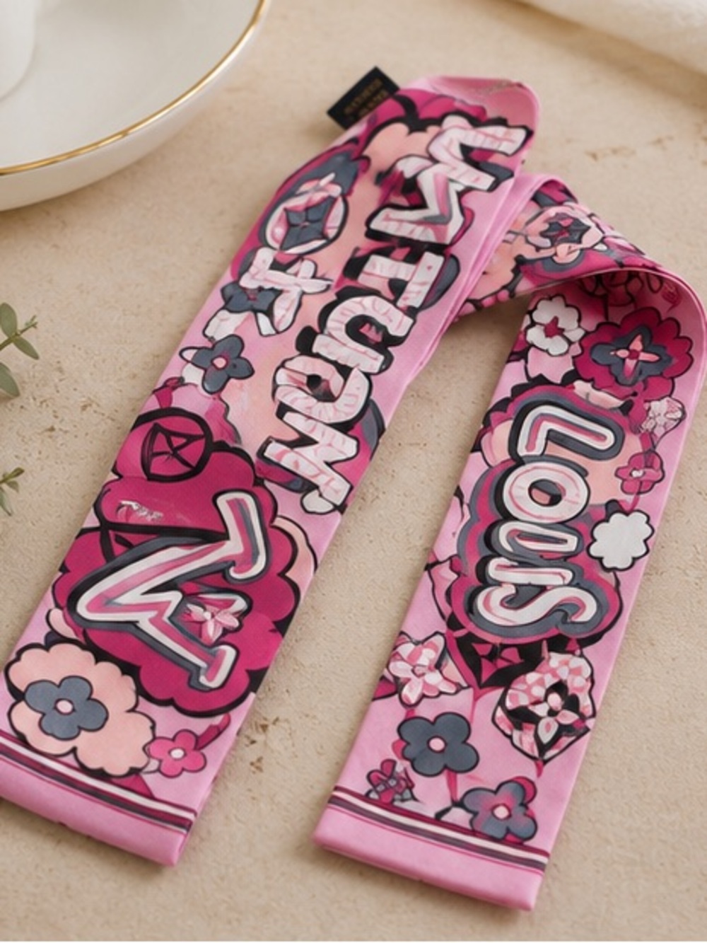 Large Pink Comic Designer-Inspired Twilly Scarf